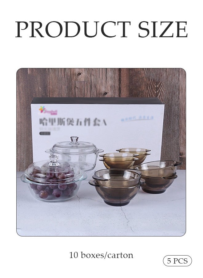 5 Pcs Glass Cooking Pot，Thickened High Boron Glass Pot, Multifunctional Heat Resistant Glass Pot, With 4 Pcs Glass Bowls With Small Handle And 1 Pcs Glass Cooking Pot With Cover And Handle，Easy To Clean，For Pasta Noodle, Soup, Milk