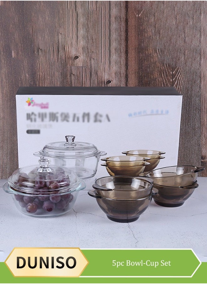5 Pcs Glass Cooking Pot，Thickened High Boron Glass Pot, Multifunctional Heat Resistant Glass Pot, With 4 Pcs Glass Bowls With Small Handle And 1 Pcs Glass Cooking Pot With Cover And Handle，Easy To Clean，For Pasta Noodle, Soup, Milk