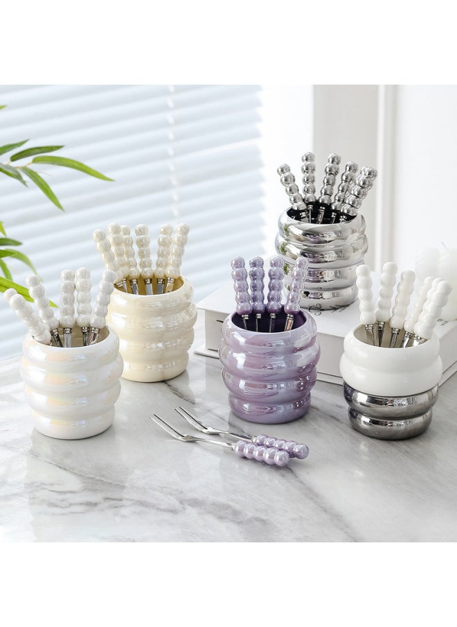 Luxury Ins Pearl Fruit Fork Set Creative Colorful Ceramic Storage Can Stainless Steel Forks Fruit Fork Can Modern Simple Style-Specifications:Milk Yellow Bee Jar 6 Pearl Fruit Forks