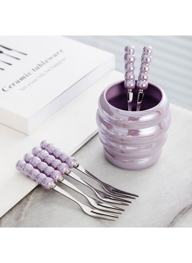 Luxury Ins Pearl Fruit Fork Set Creative Colorful Ceramic Storage Can Stainless Steel Forks Fruit Fork Can Modern Simple Style-Specifications:Milk Yellow Bee Jar 6 Pearl Fruit Forks
