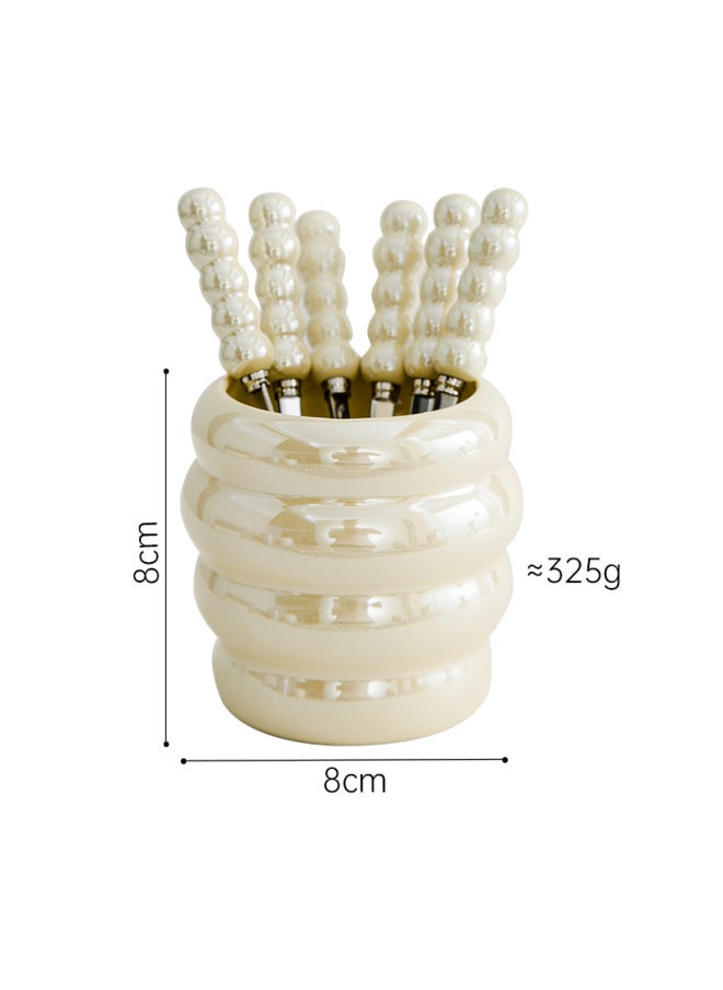 Luxury Ins Pearl Fruit Fork Set Creative Colorful Ceramic Storage Can Stainless Steel Forks Fruit Fork Can Modern Simple Style-Specifications:Milk Yellow Bee Jar 6 Pearl Fruit Forks