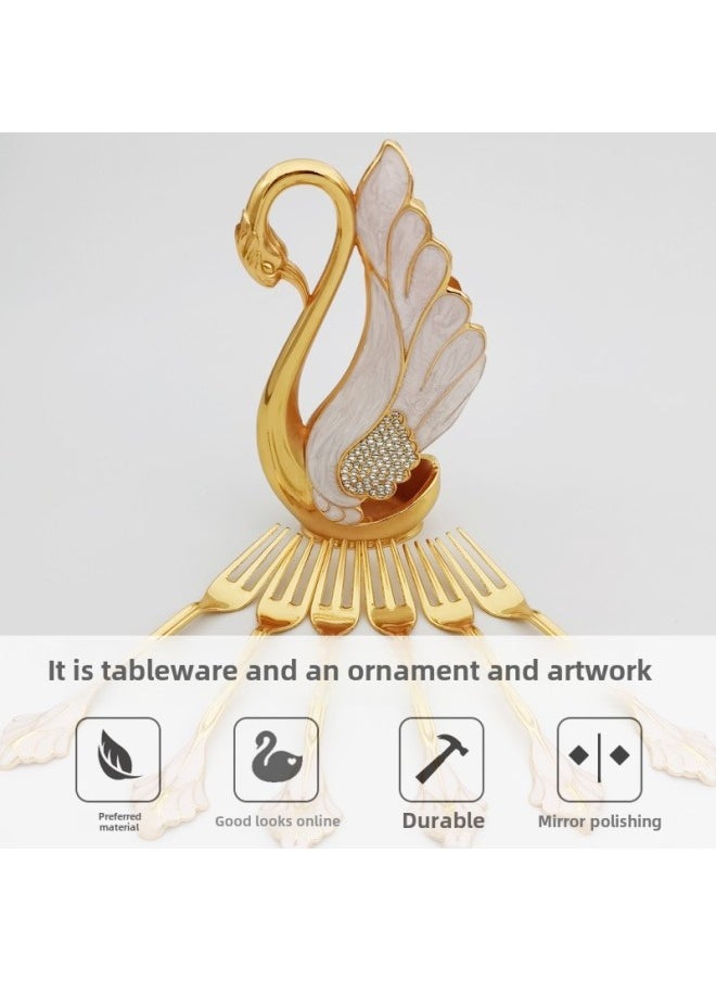 In Stock Wholesale Big Swan Fruit Fork Suit Home Decoration European Cute Coffee Dessert Spoon Creative Cross-border-Specifications:Silver White + Fork [swan Suit]]