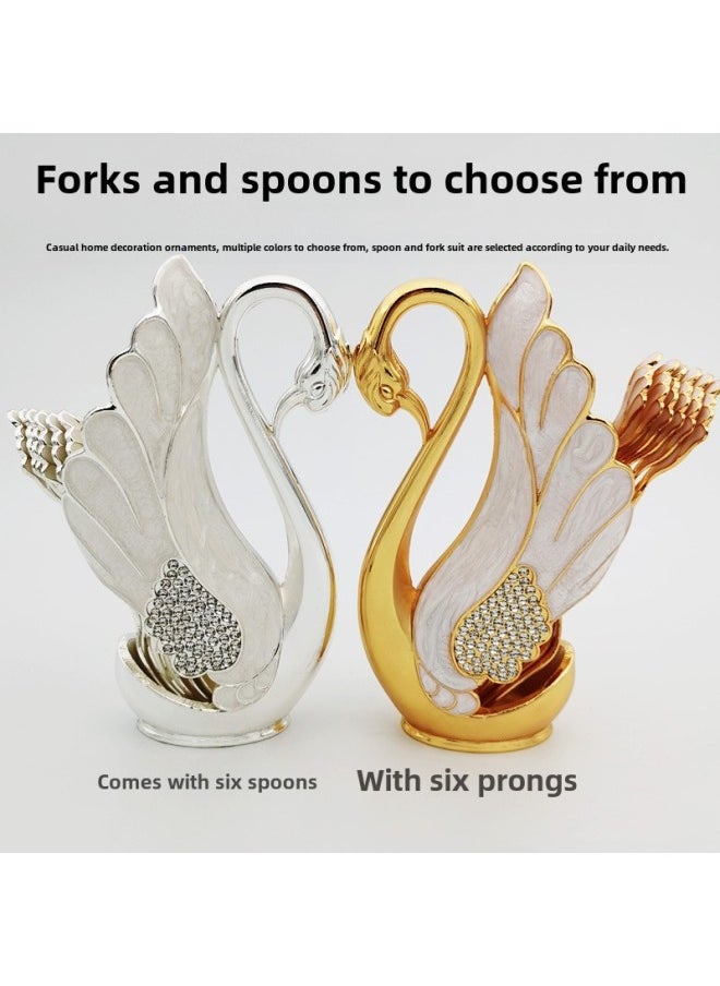 In Stock Wholesale Big Swan Fruit Fork Suit Home Decoration European Cute Coffee Dessert Spoon Creative Cross-border-Specifications:Silver White + Fork [swan Suit]]