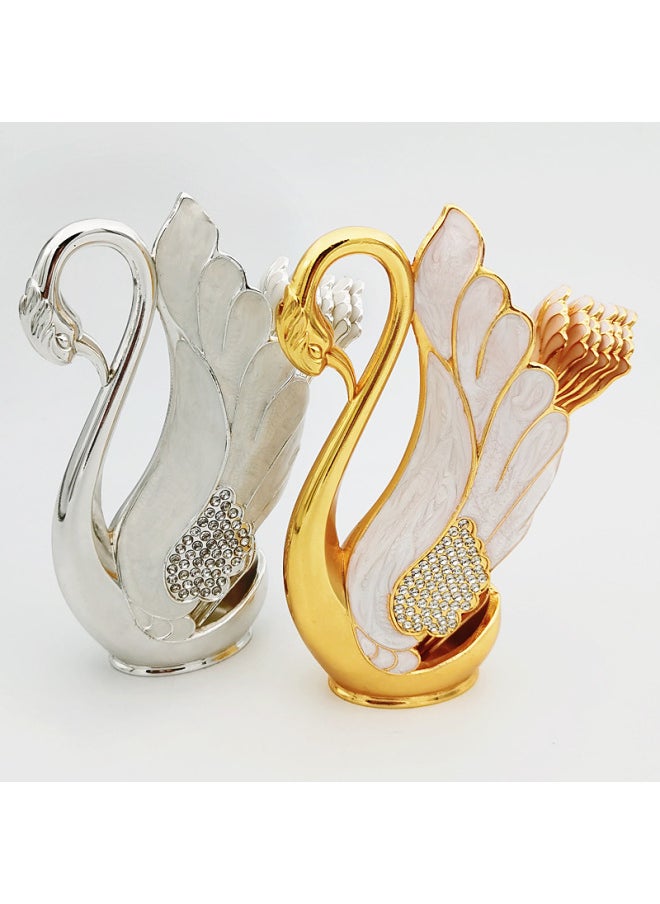 In Stock Wholesale Big Swan Fruit Fork Suit Home Decoration European Cute Coffee Dessert Spoon Creative Cross-border-Specifications:Silver White + Fork [swan Suit]]