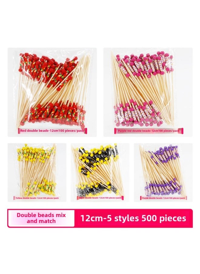 Disposable Fruit Stick Bamboo Stick Hamburger Dessert Sushi String Sign Plate Decorative Fruit Fork Cocktail Creative Flower Sign-Specifications:♛12cm⭐Red And Yellow Double Beads/500 Pieces♛
