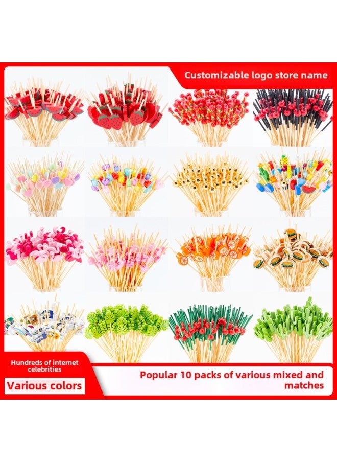 Disposable Fruit Stick Bamboo Stick Hamburger Dessert Sushi String Sign Plate Decorative Fruit Fork Cocktail Creative Flower Sign-Specifications:♛12cm⭐Red And Yellow Double Beads/500 Pieces♛