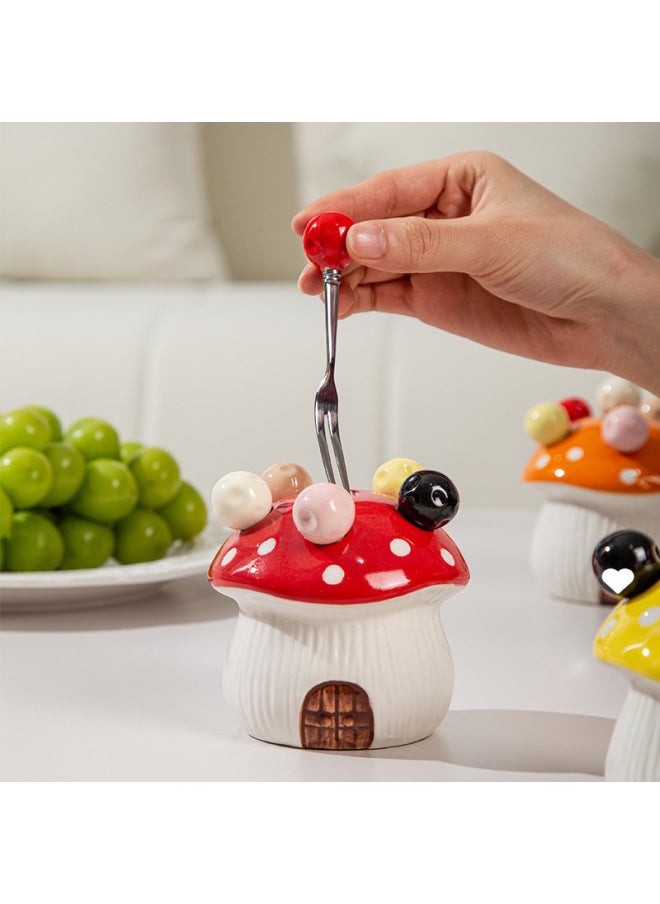 Mushroom Fruit Fork Suit Household Stainless Steel Dessert Cute Small Fork Storage Pot Fruit Insert Children's Safety Fruit Sab-Specifications:Orange Mushroom House With Mixed Color Fruit Forks 6 Pieces