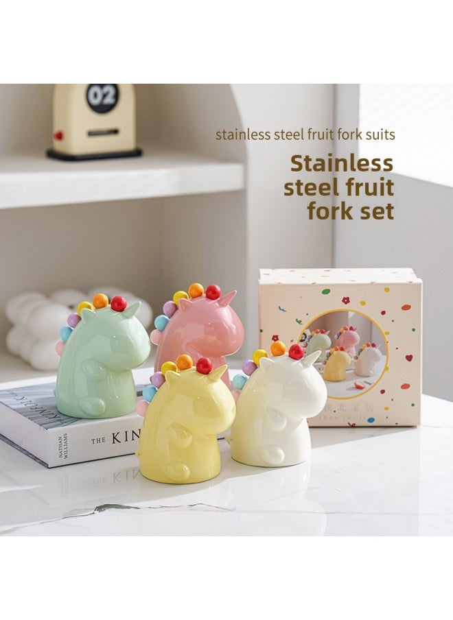 Silver Huaibei Fruit Fork Household Stainless Steel Light Luxury High-end Storage Cans Suit Children's Safe Cute Small Fork-Specifications:Milk White Unicorn + 6 Forks