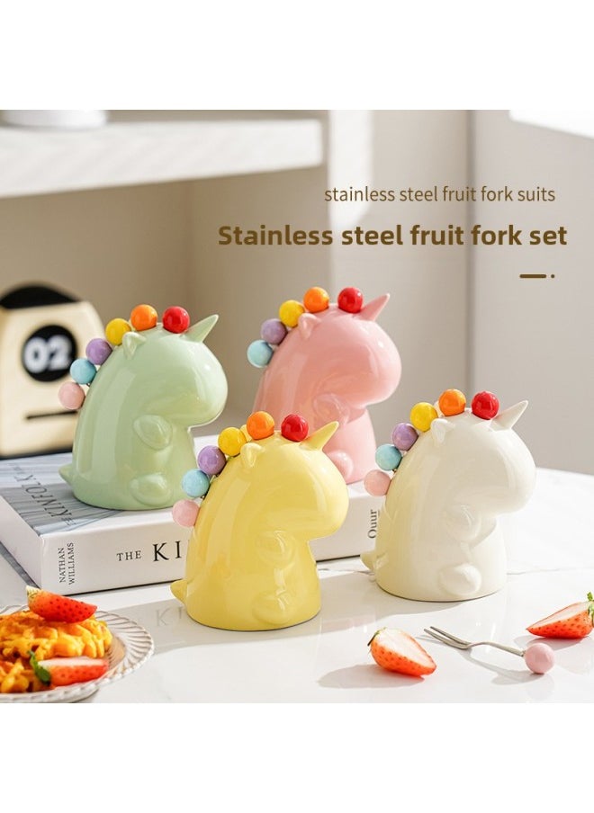 Silver Huaibei Fruit Fork Household Stainless Steel Light Luxury High-end Storage Cans Suit Children's Safe Cute Small Fork-Specifications:Milk White Unicorn + 6 Forks