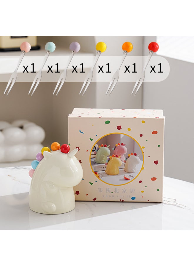 Silver Huaibei Fruit Fork Household Stainless Steel Light Luxury High-end Storage Cans Suit Children's Safe Cute Small Fork-Specifications:Milk White Unicorn + 6 Forks