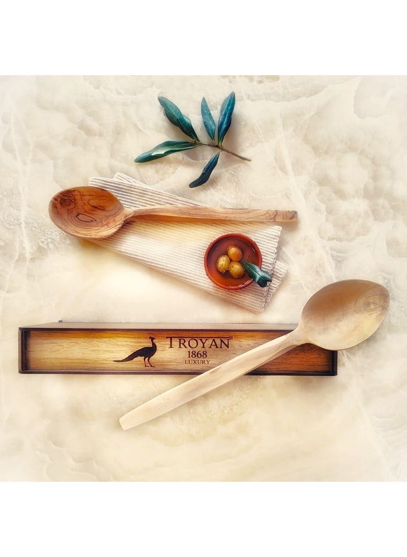 Boxwood and Olive Wood 30 Cm Wooden Spoon Set with Wooden Box
