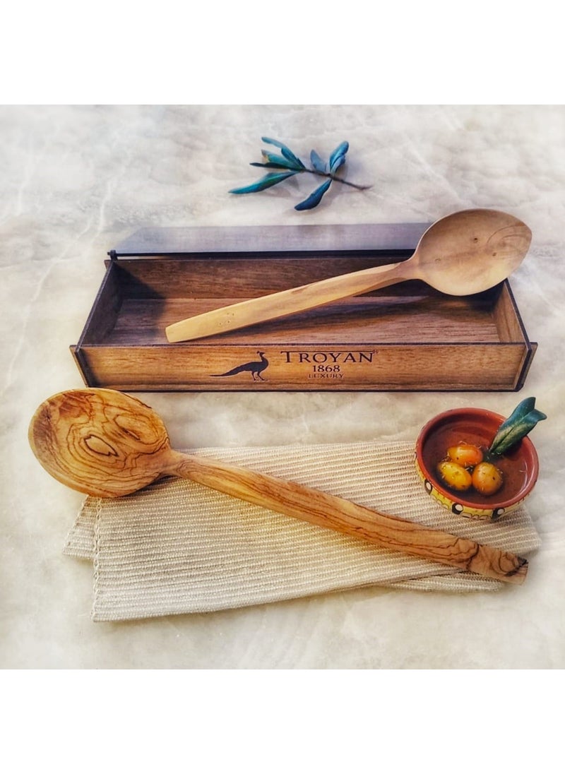 Boxwood and Olive Wood 30 Cm Wooden Spoon Set with Wooden Box