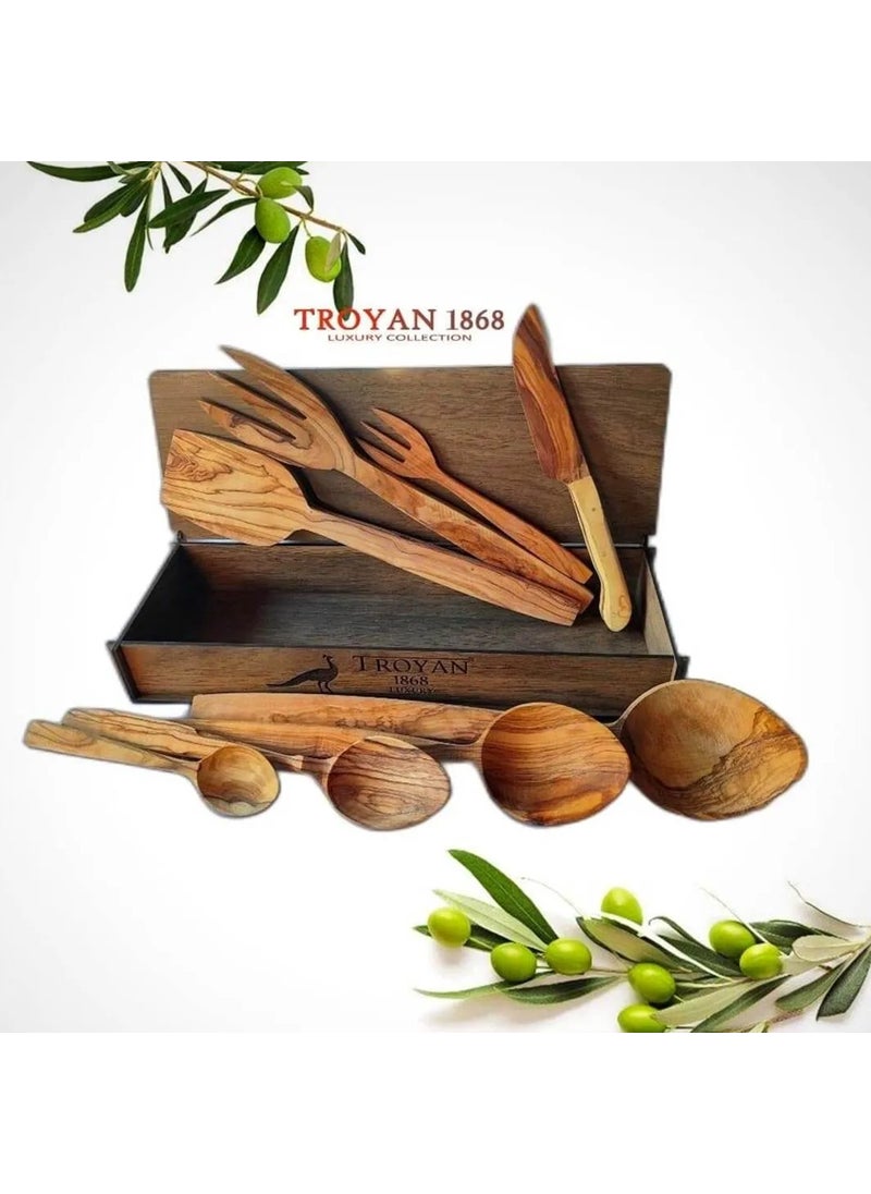 Handmade 8 Piece Genuine Olive Wood Wooden Spoon Fork Spatula Set, in Wooden Box