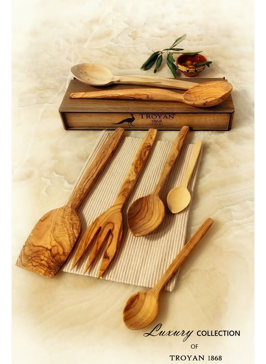 Handmade 7 Piece Genuine Olive and Boxwood Wooden Spoon Fork Set in Wooden Box