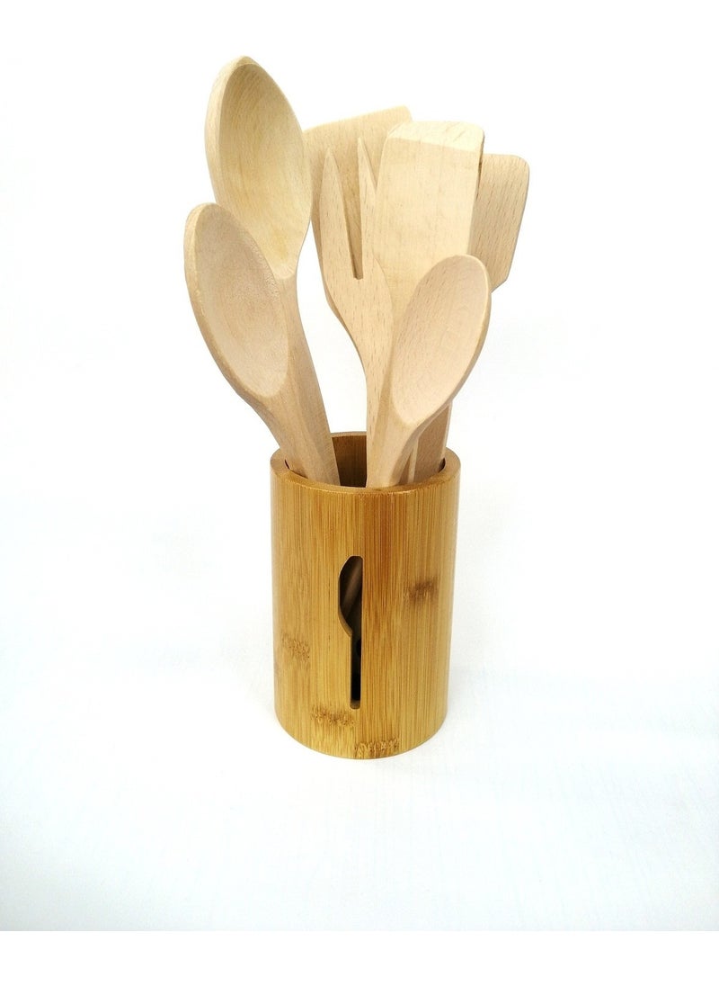 Bamboo Stand Wooden Spoon Spatula Tong Serving Set-Unpolished