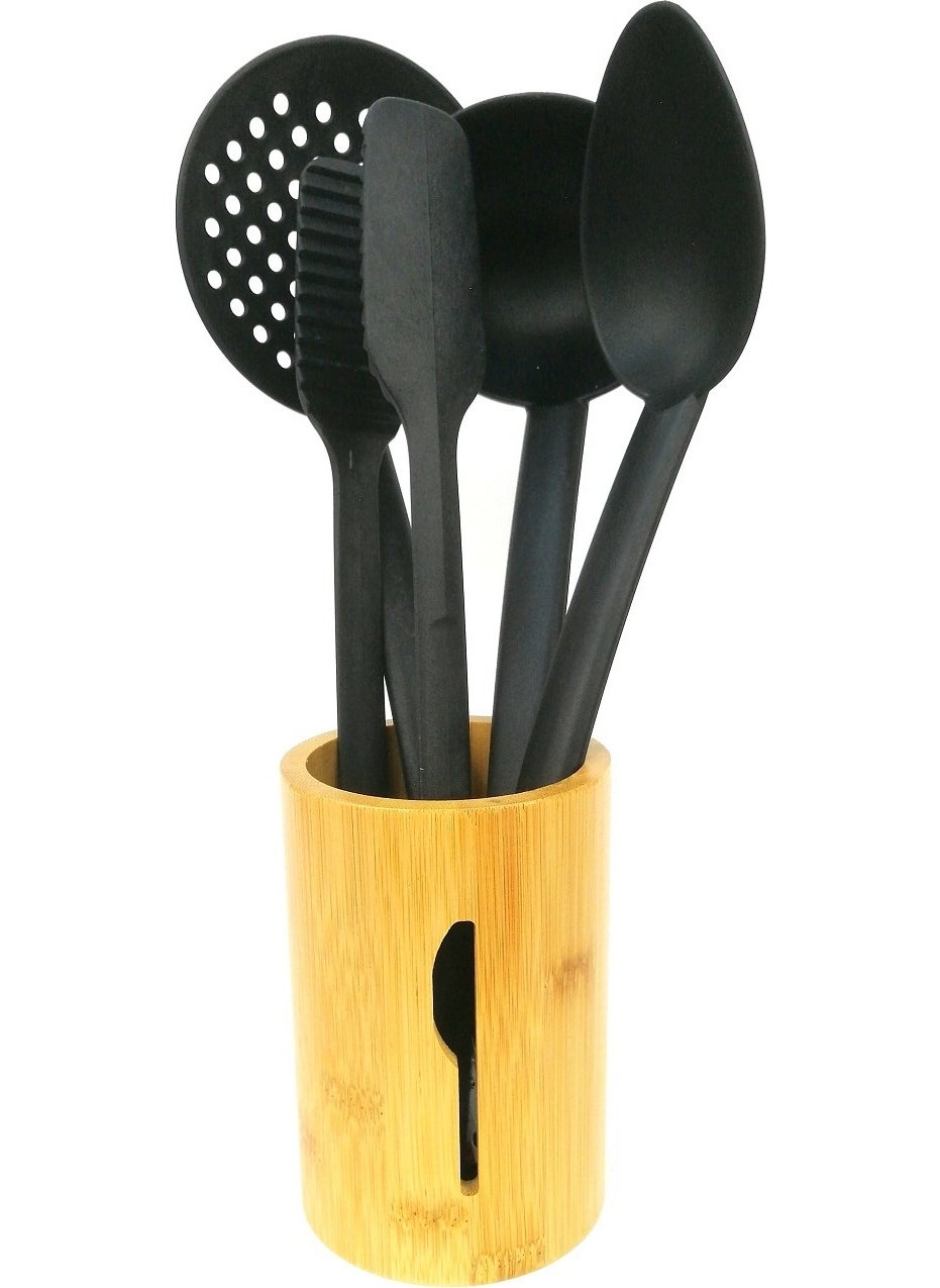 Bamboo Stand Ladle Spoon Skimmer Tongs Teflon Service Set