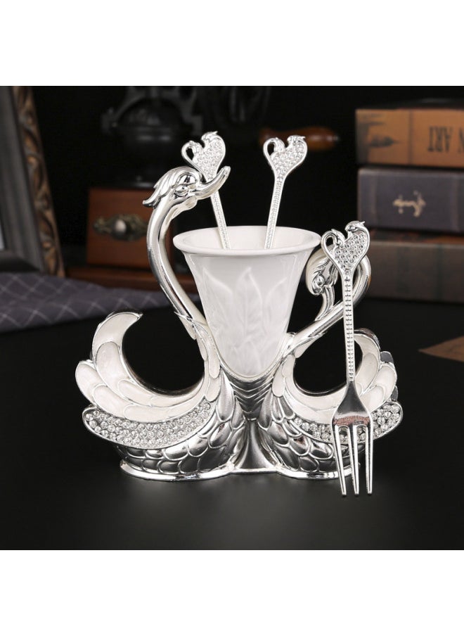 New Creative Swan Base Metal Fruit Fork Moon Cake Fork Dessert Spoon Household Desktop Tableware Storage Display Bracket-Specifications:Silver +6 Forks
