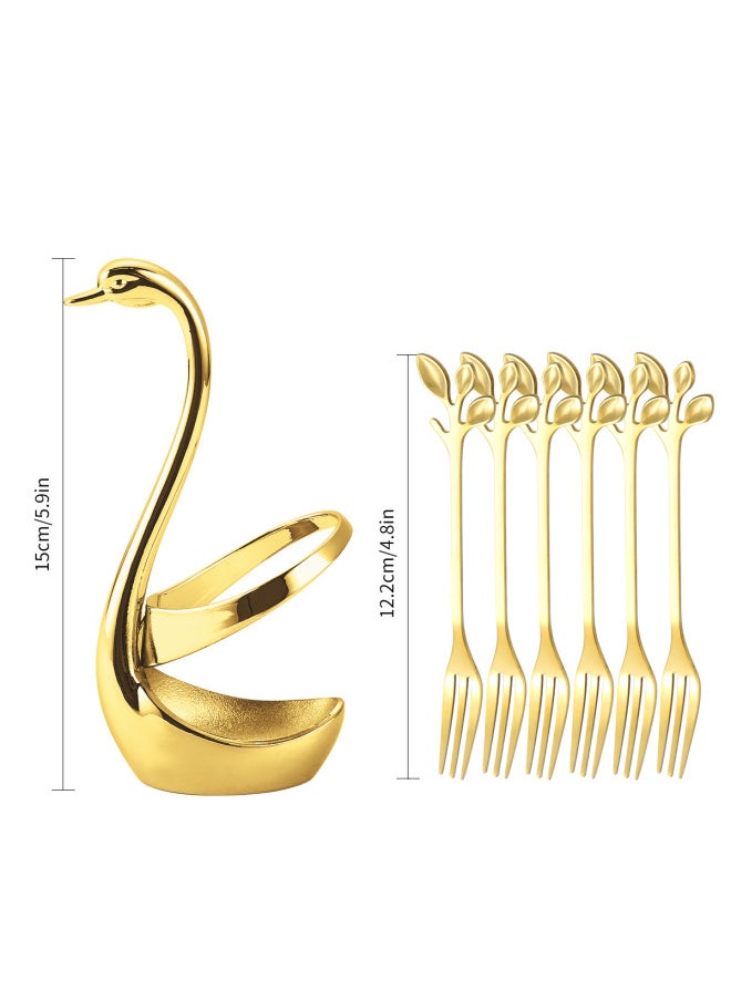 Small Size Swan Base Fruit Fork Leaf Coffee Spoon Suit Stainless Steel Restaurant Hotel Ornaments Tableware Storage Rack-Specifications:Golden Cygnus 6 Fork