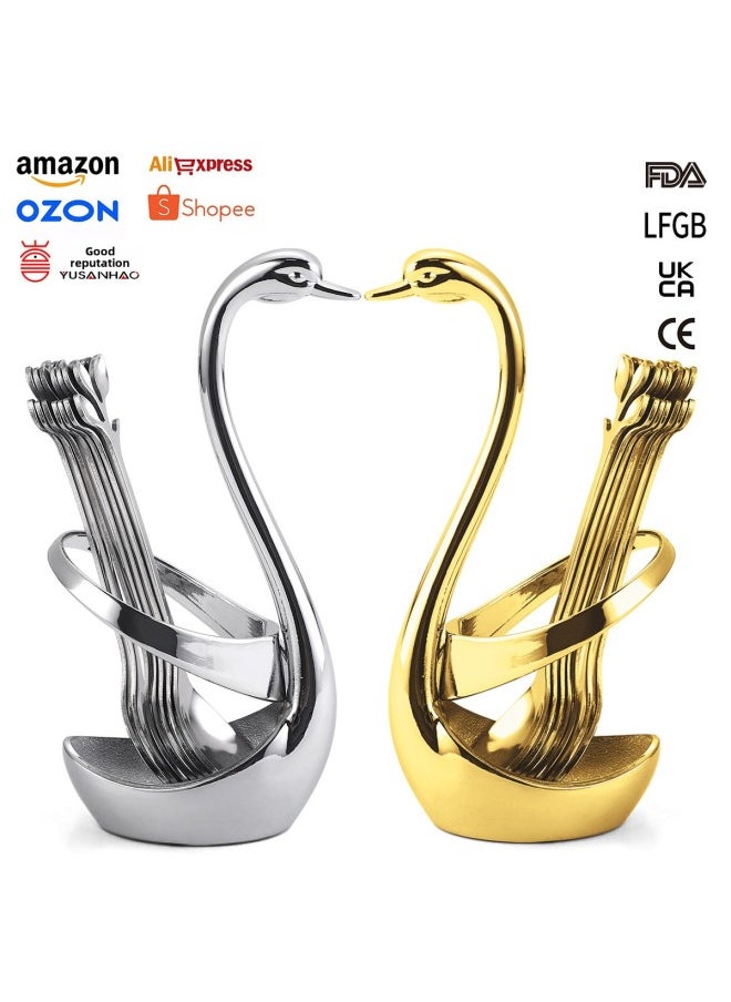 Small Size Swan Base Fruit Fork Leaf Coffee Spoon Suit Stainless Steel Restaurant Hotel Ornaments Tableware Storage Rack-Specifications:Golden Cygnus 6 Fork
