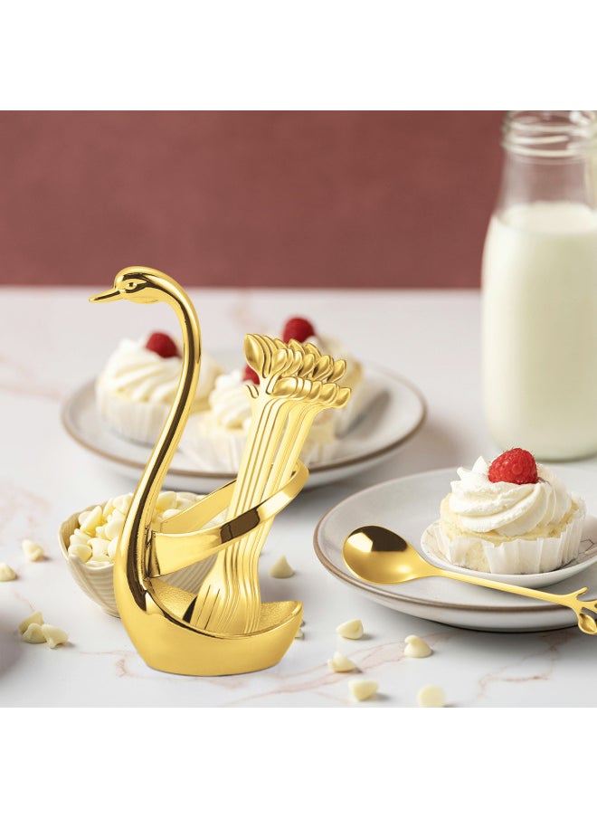 Small Size Swan Base Fruit Fork Leaf Coffee Spoon Suit Stainless Steel Restaurant Hotel Ornaments Tableware Storage Rack-Specifications:Golden Cygnus 6 Fork