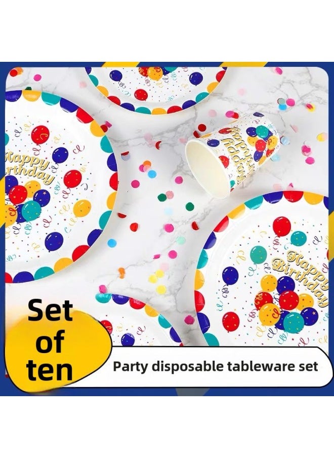 Disposable Cake Dinner Plate Paper Cup Tableware Balloon Tablecloth Children's Birthday Party Decoration Scene Set-Color:Golden Fork -10
