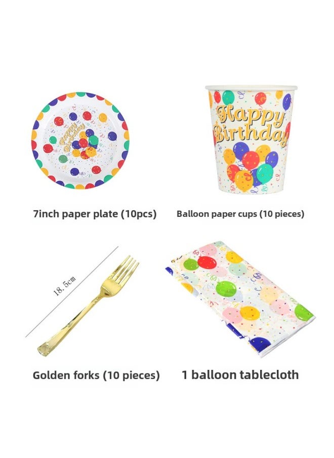 Disposable Cake Dinner Plate Paper Cup Tableware Balloon Tablecloth Children's Birthday Party Decoration Scene Set-Color:Golden Fork -10