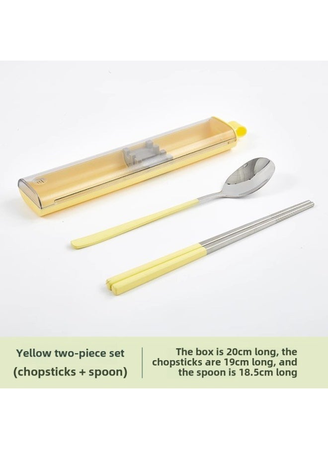 304 Stainless Steel Portable Tableware Chopsticks Spoon Suit Cutlery Box Three-piece Student Printable Logo-Specifications:Quantity-Color:Lemon Yellow Two-piece Set