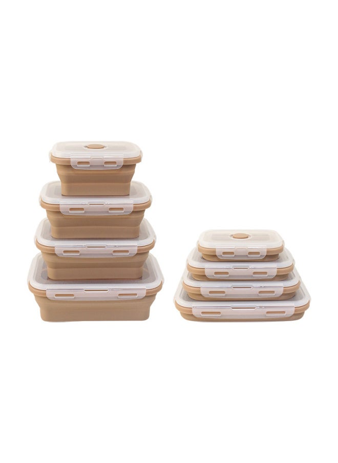 Foldable Silicone Lunch Box Microwave Safe Bento Box Refrigerator Storage Freshness Preservation Four-piece Set-Specifications:500ML (self-adhesive Bag)-Color: Brown