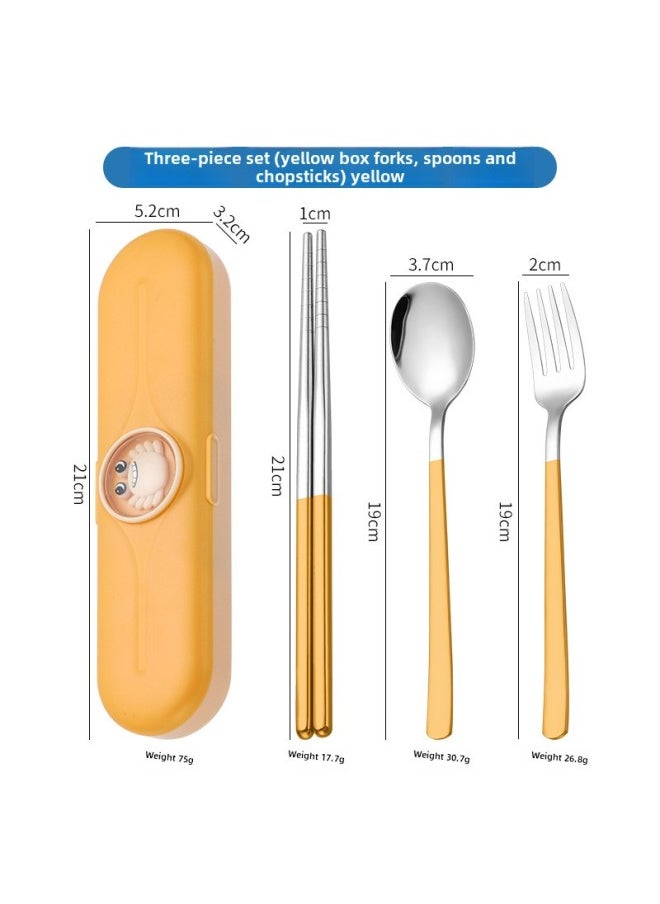 Portable Tableware 304 Stainless Steel Spoon And Fork Chopsticks Suit Student Office Worker Storage Box Chopsticks Spoon Three-piece Set-Specifications:Support Customization-Color:24 Yellow Tableware Three-piece Set (yellow Box)