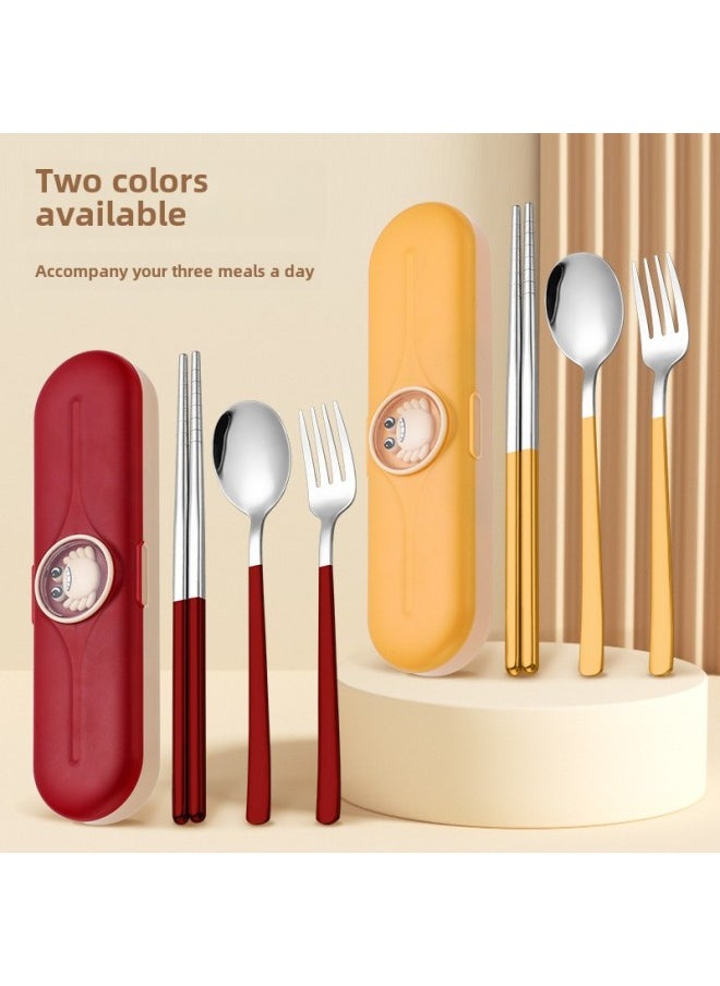 Portable Tableware 304 Stainless Steel Spoon And Fork Chopsticks Suit Student Office Worker Storage Box Chopsticks Spoon Three-piece Set-Specifications:Support Customization-Color:24 Yellow Tableware Three-piece Set (yellow Box)