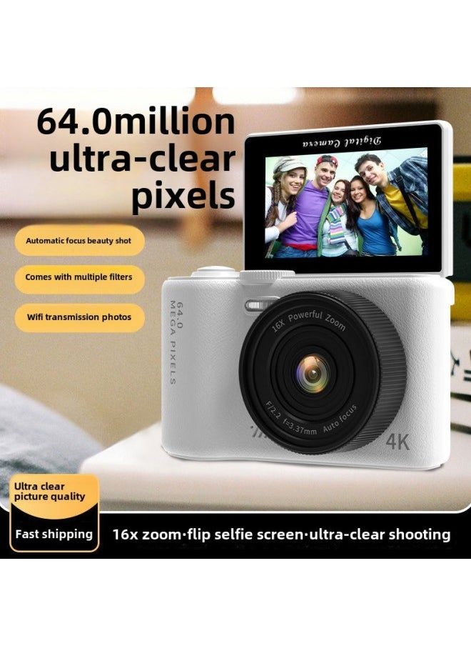 2025 Flip Screen WiFi Photo Entry-level Micro SLR HD 4K Student Camera Digital Camera-Body Color:H8 White  - Package Three