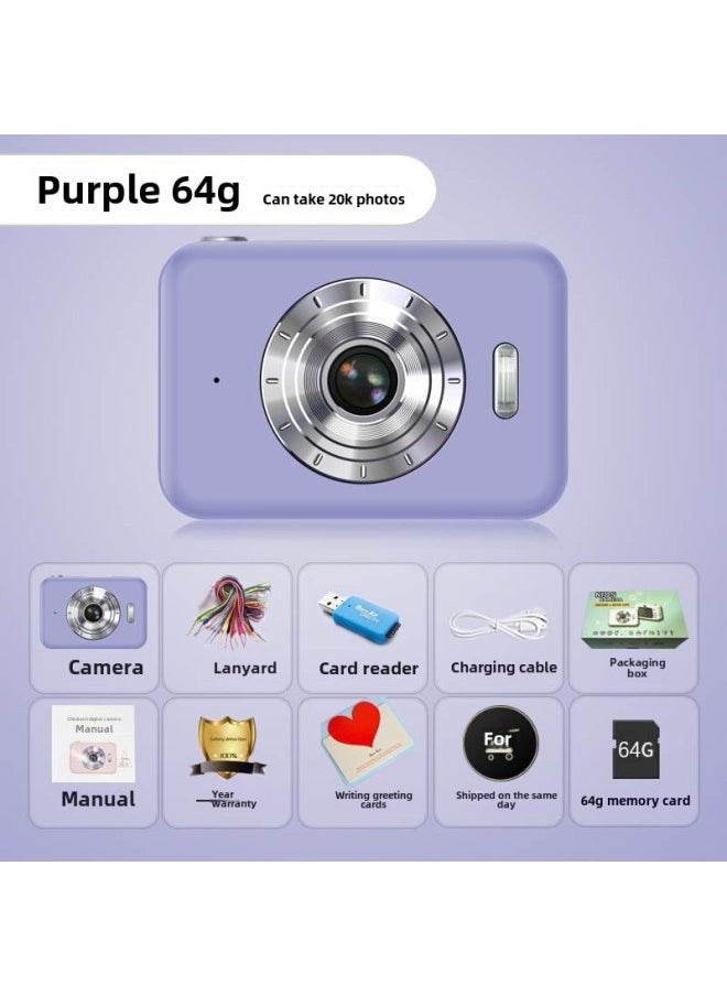 Retro CCD Student Digital Camera Campus Mini HD High Pixel Small Student Party Birthday Gift-Body Color:Lilac  - 64g High-speed Memory Card, Free Gift Package