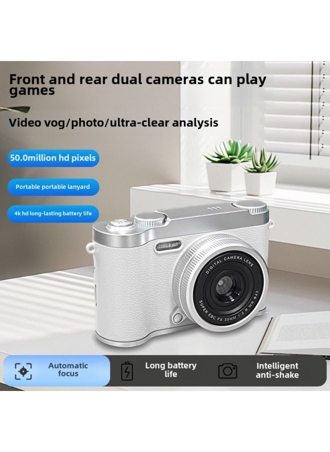 High-definition Digital Student Party Camera Camera Campus Retro CCD Double Vlog Camera Travel Convenient Entry-level-Body Color:H8 White -128g Memory Card [apple