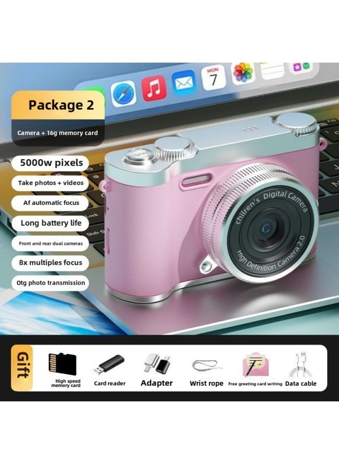 0.1 Billion Pixel Double Camera Self-timer Ccd Retro Digital Camera Student Cute Campus Entry-level Card Machine-Body Color:H6-coral Pink  - 16g High-speed Memory Card + Luxury Gift Bag Can Be Transferred To Mobile Phones