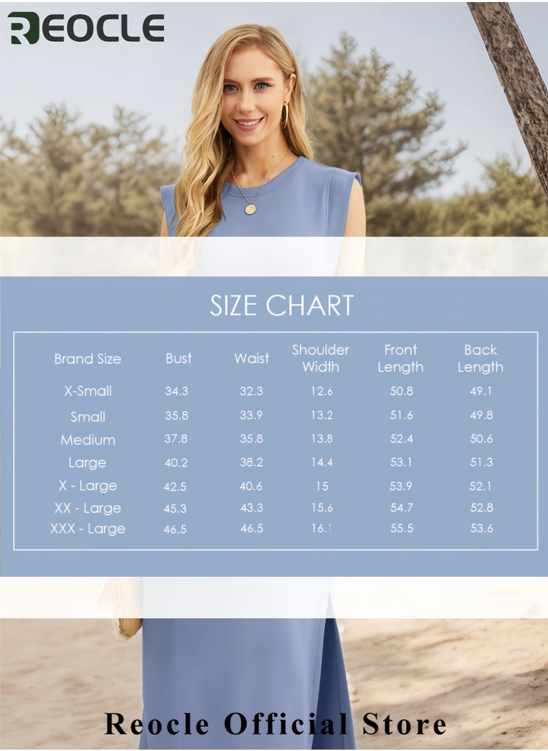 Women Summer Round Neck Casual Loose Split Wrinkle-Free Long Maxi Beach Dress with Pockets