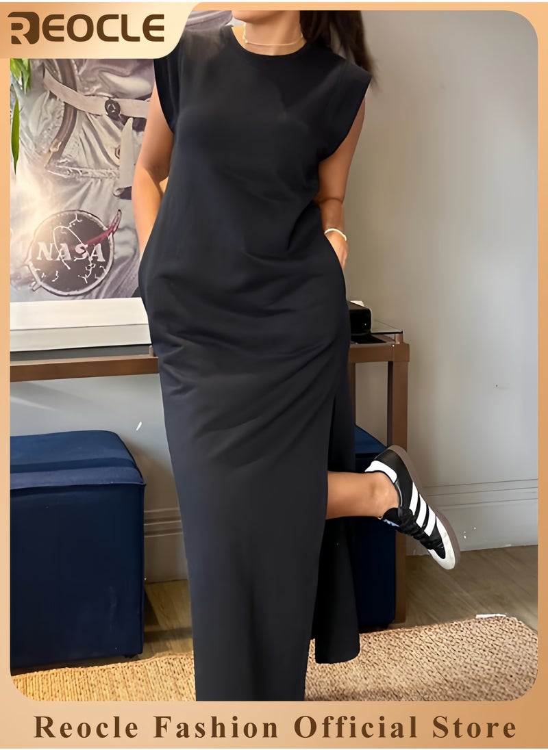 Women Summer Round Neck Casual Loose Split Wrinkle-Free Long Maxi Beach Dress with Pockets