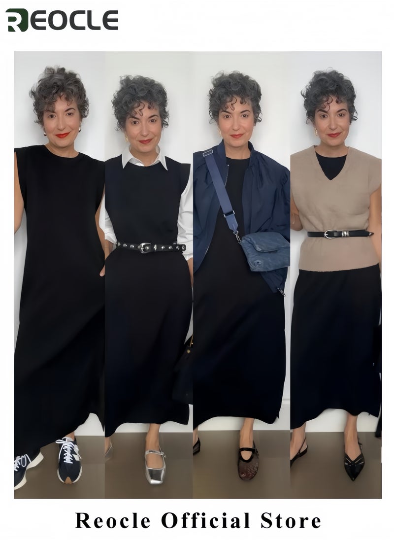 Women Summer Round Neck Casual Loose Split Wrinkle-Free Long Maxi Beach Dress with Pockets