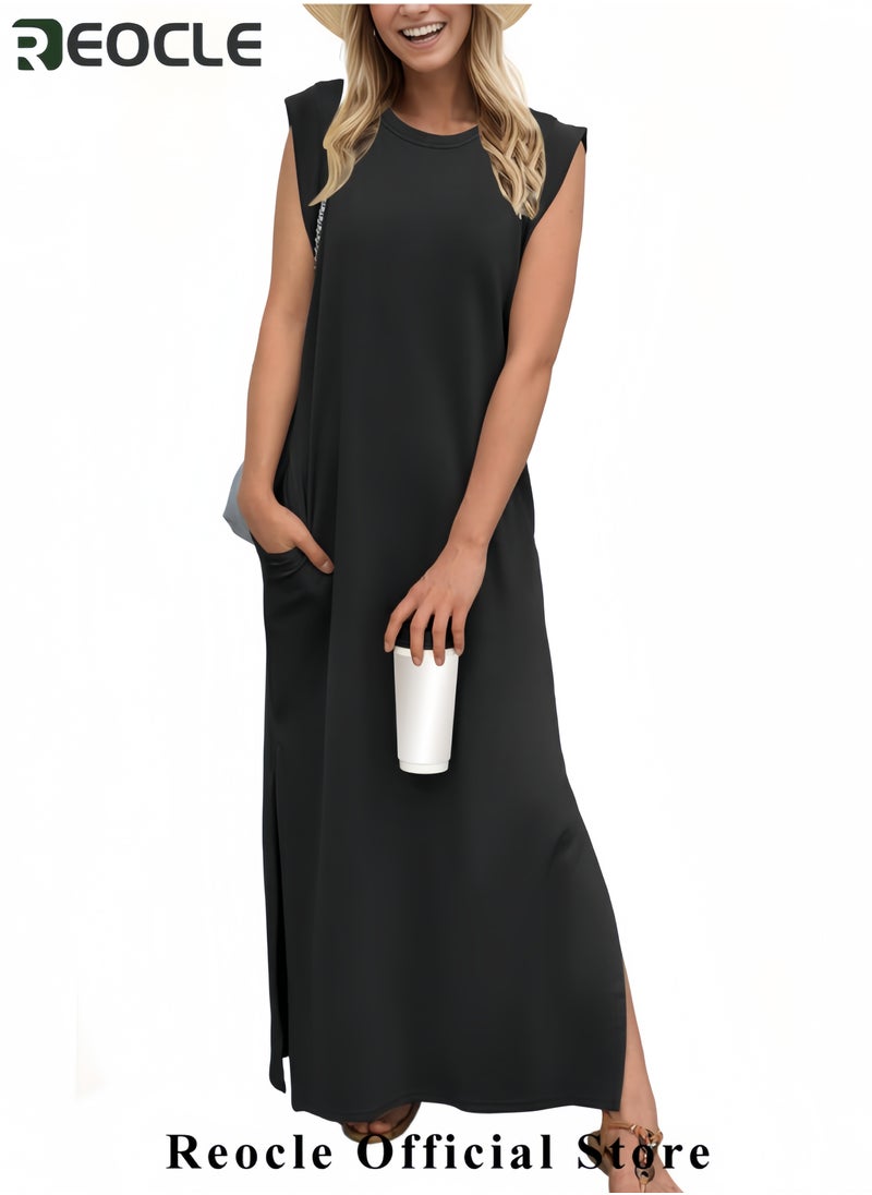 Women Summer Round Neck Casual Loose Split Wrinkle-Free Long Maxi Beach Dress with Pockets