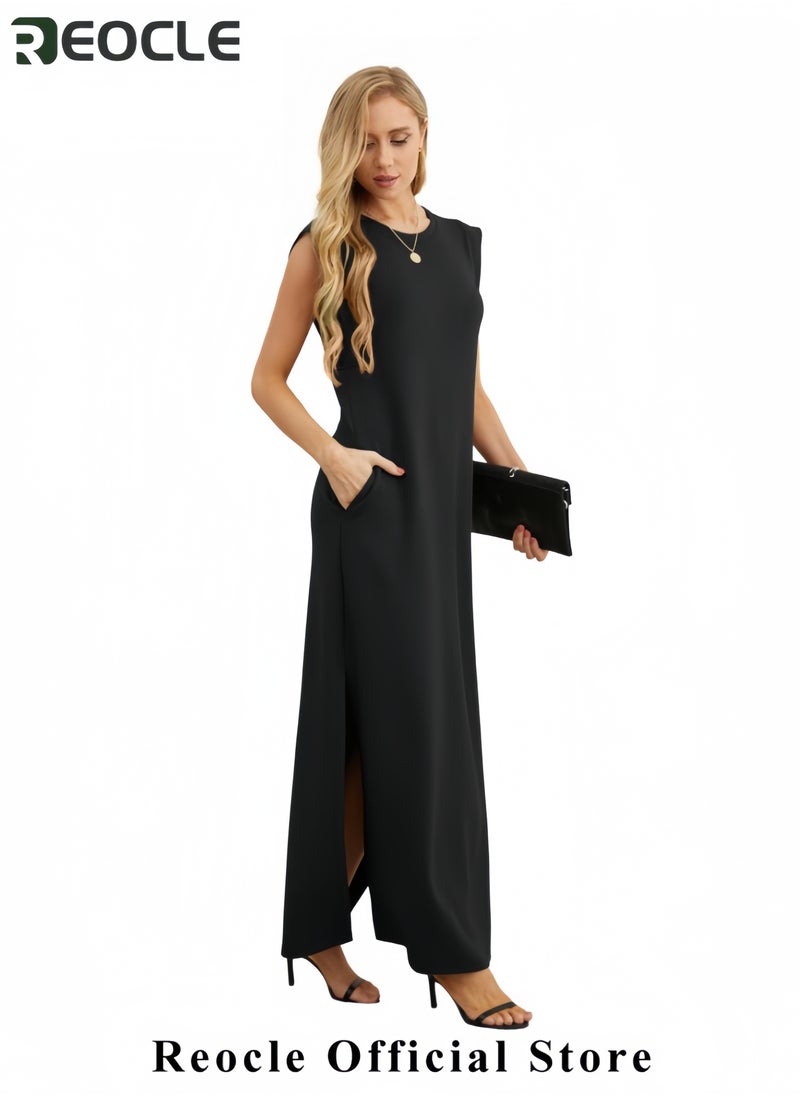 Women Summer Round Neck Casual Loose Split Wrinkle-Free Long Maxi Beach Dress with Pockets
