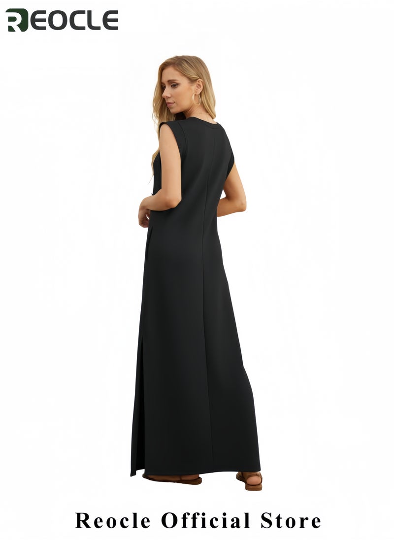 Women Summer Round Neck Casual Loose Split Wrinkle-Free Long Maxi Beach Dress with Pockets