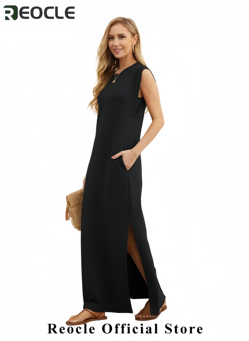 Women Summer Round Neck Casual Loose Split Wrinkle-Free Long Maxi Beach Dress with Pockets