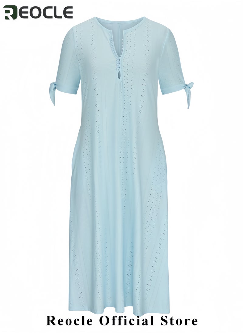 Long Dresses for Women Trendy Short Sleeve Eyelet Tshirt Dress Casual Summer Beach Vacation Sundress