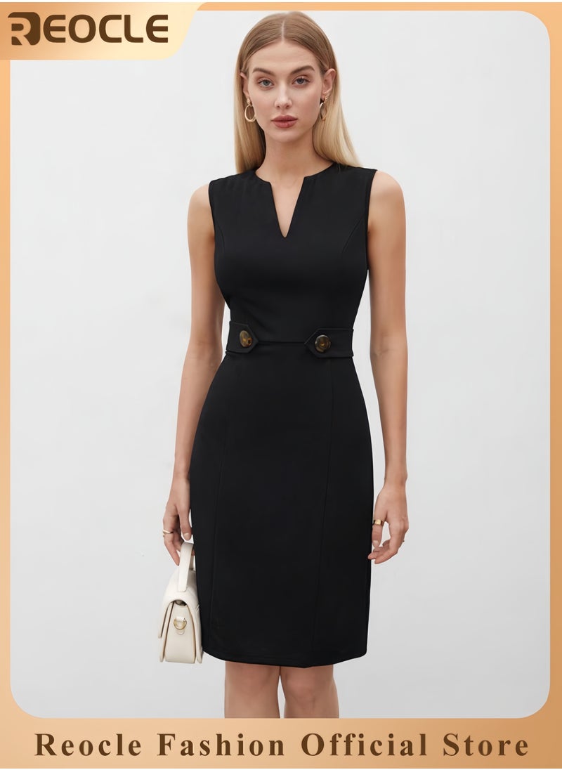 Womens Classic V-Neck Knee Length Sheath Gold Button Detail-Professional Workwear-Business Casual Dress