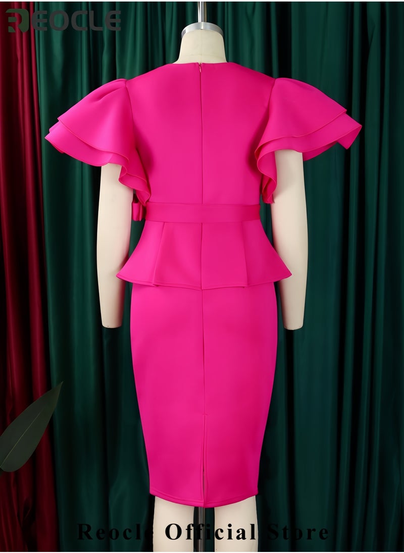 Womens Ruffle Business Dress Elegant V Neck Bodycon Peplum Pencil Sheath Suiting Dresses