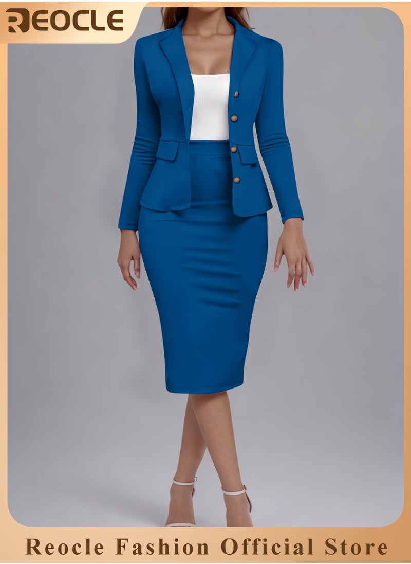 Women Wear to Work Dress 2 Piece Elegant Wrap Blazer Dresses Set Business Casual Long Sleeve Blazer and Pencil Skirt