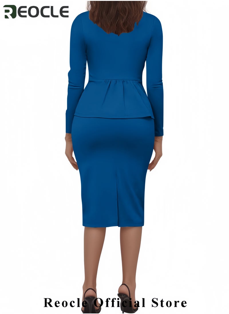 Women Wear to Work Dress 2 Piece Elegant Wrap Blazer Dresses Set Business Casual Long Sleeve Blazer and Pencil Skirt