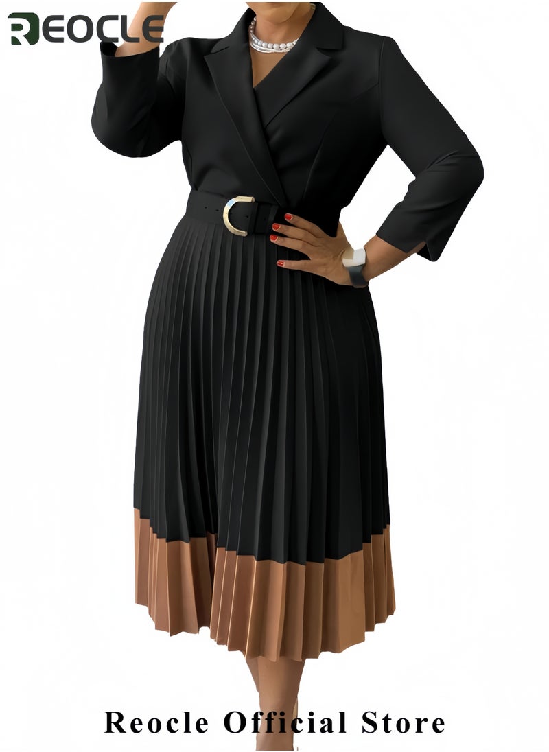 Women's Long Sleeve Blazer Dress Elegant Dressy Lapel Pleated Midi Dress with Belt