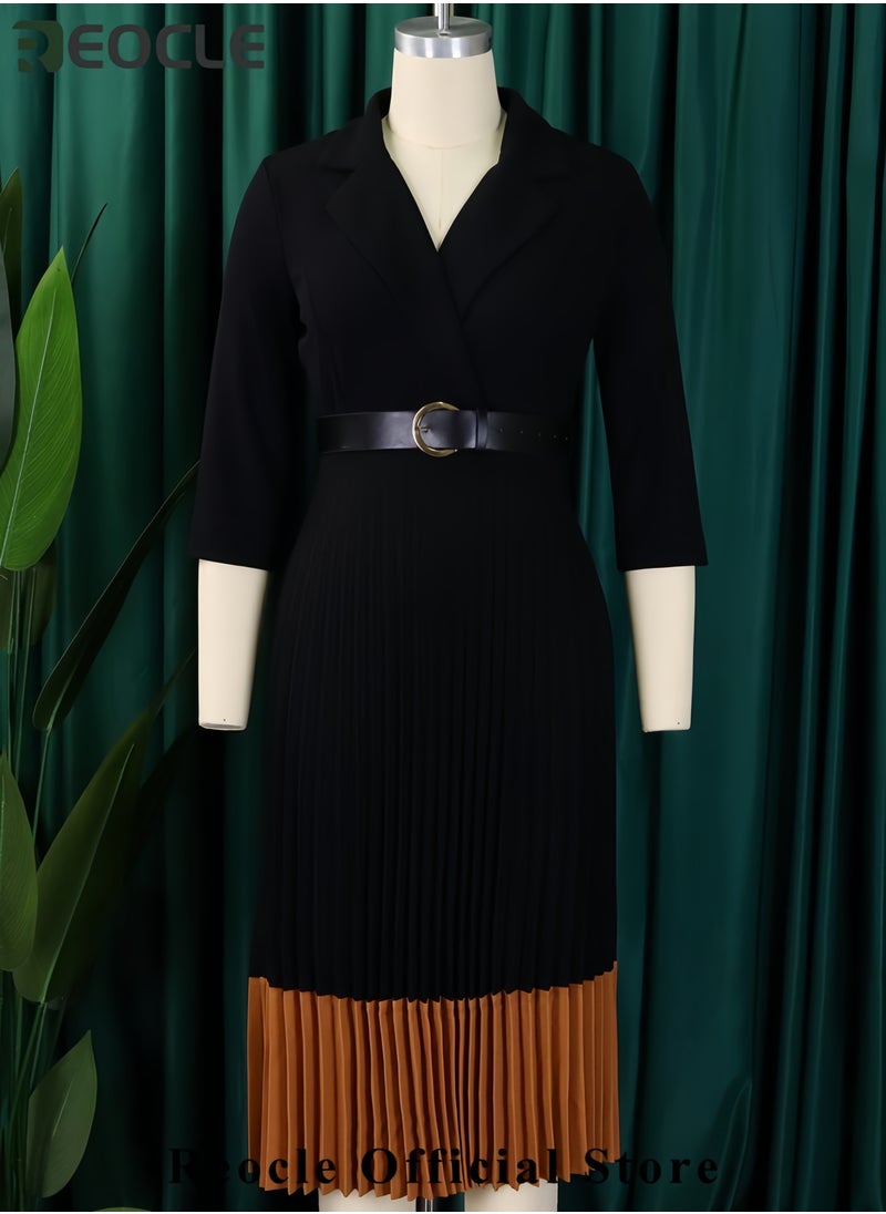 Women's Long Sleeve Blazer Dress Elegant Dressy Lapel Pleated Midi Dress with Belt