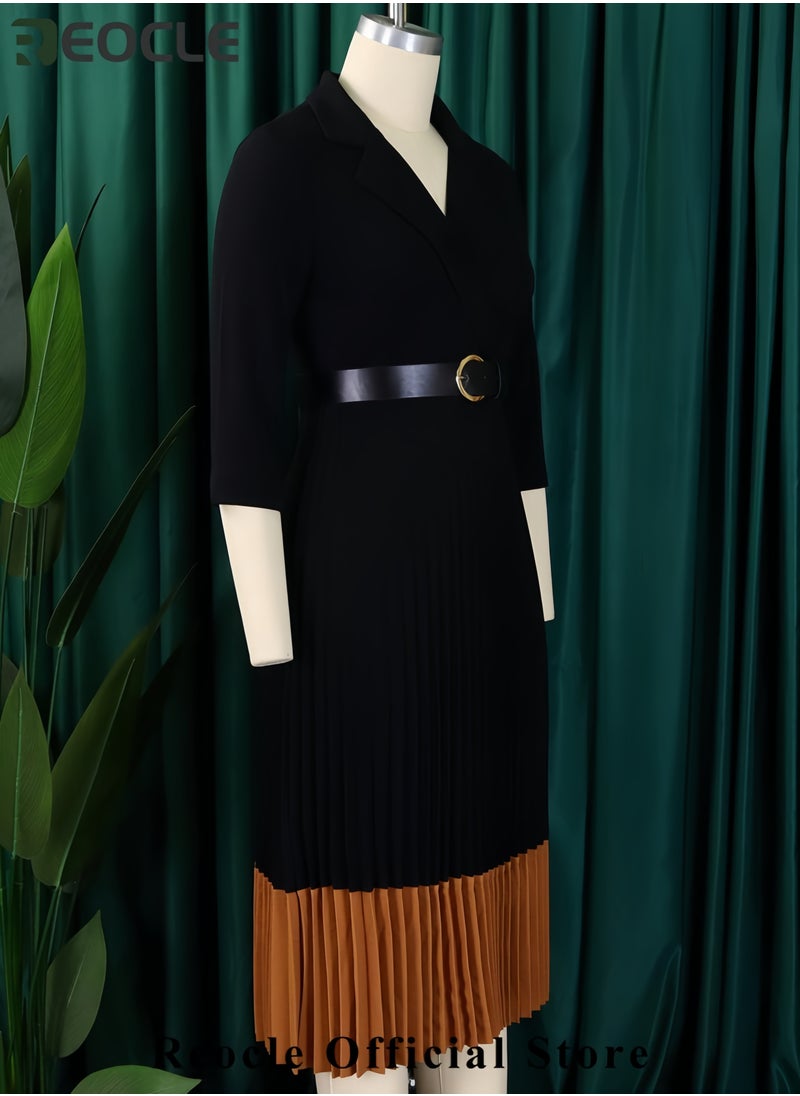Women's Long Sleeve Blazer Dress Elegant Dressy Lapel Pleated Midi Dress with Belt