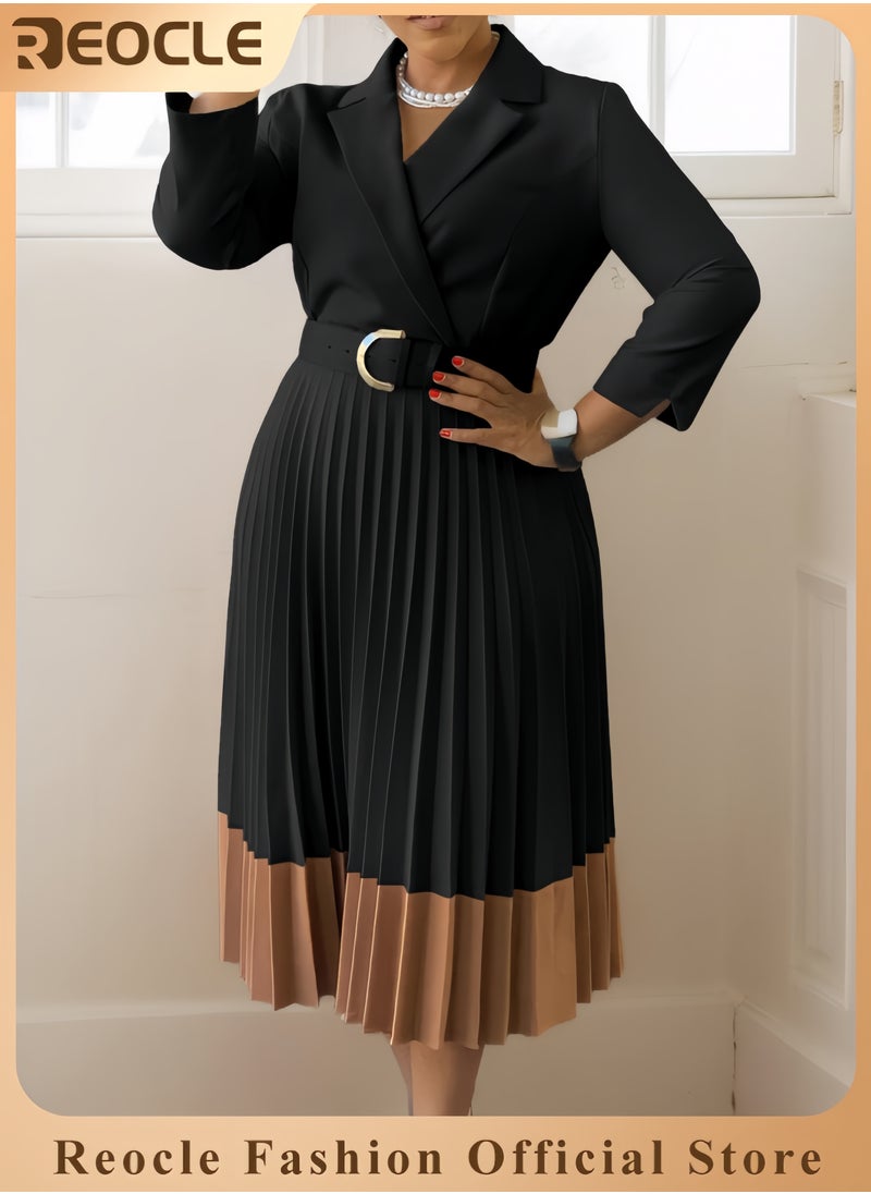 Women's Long Sleeve Blazer Dress Elegant Dressy Lapel Pleated Midi Dress with Belt